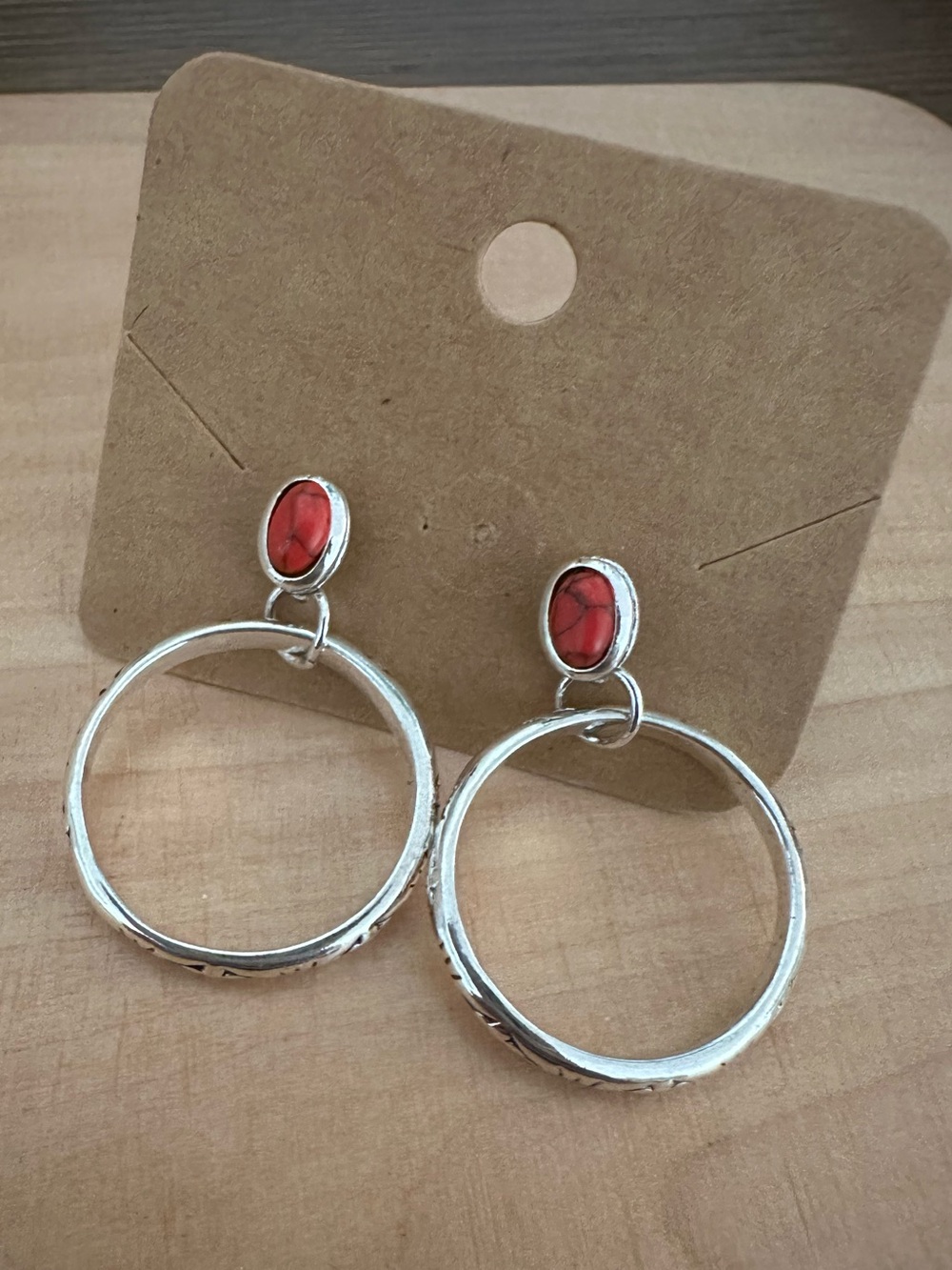Silver Hoop Drop Earrings with Red Stone Accent